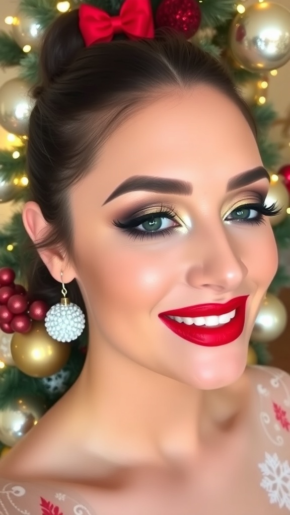 A festive Christmas makeup look with red lips and shimmering eyes, set against holiday decorations.